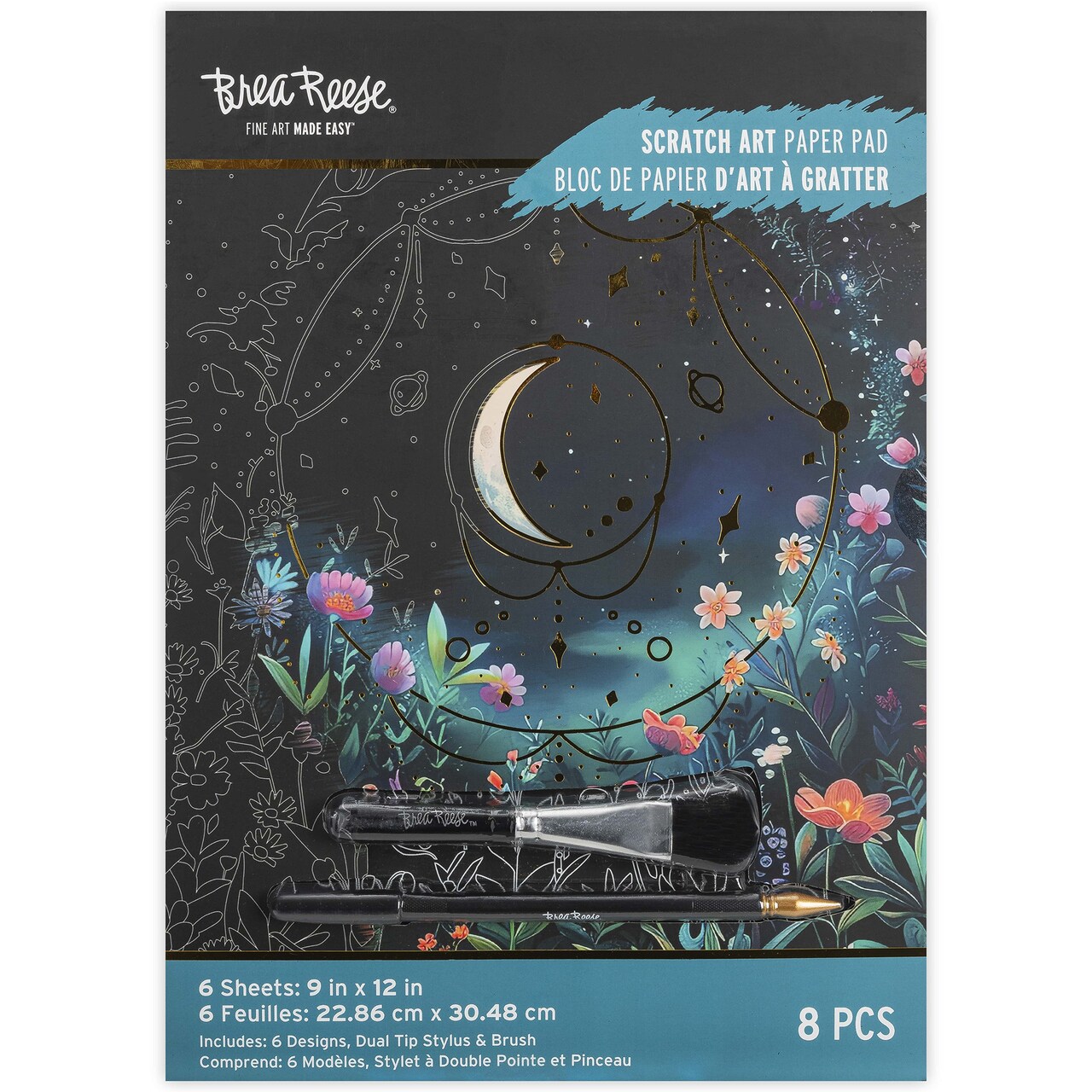 Brea Reese: Scratch Art Paper Pad - Moonlight Garden - 6 Designs, Guided Art, Metallic Accents, Stylus & Brush, Perforated 9x12" Pgs, DIY Adult Craft